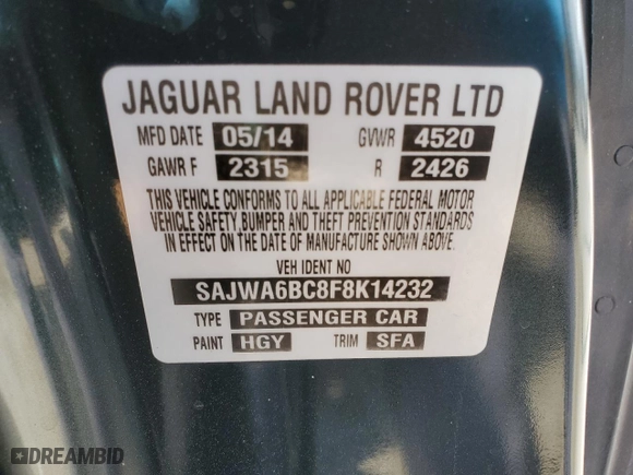2015 Jaguar F-TYPE V6 S with VIN SAJWA6BC8F8K14232, listed as a Copart auction lot 52174245 with 64,852 mi miles and Salvage Title. Bid and sale history available at carsss.com. Image 13.