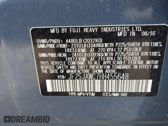 2017 Subaru Forester Touring with VIN JF2SJAWC7HH455648, listed as a IAAI auction lot 42118358 with 58,123 mi miles and . Bid and sale history available at DreamBid. Image 9.