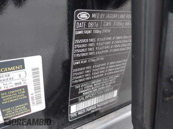 2016 Land Rover Range Rover Sport Dynamic with VIN SALWR2EF7GA108914, listed as a IAAI auction lot 42136783 with 106,247 mi miles and . Bid and sale history available at DreamBid. Image 9.