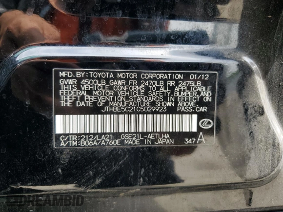 2012 Lexus IS 350 with VIN JTHBE5C21C5029923, listed as a Copart auction lot 54266105 with 209,009 mi miles and Salvage title. Bid and sale history available at DreamBid. Image 13.