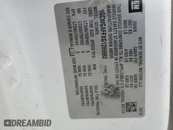 2016 Chevrolet Express Cargo with VIN 1GCWGAFFXG1289982, listed as a Copart auction lot 60210755 with Not provided miles and Salvage title. Bid and sale history available at DreamBid. Image 12.