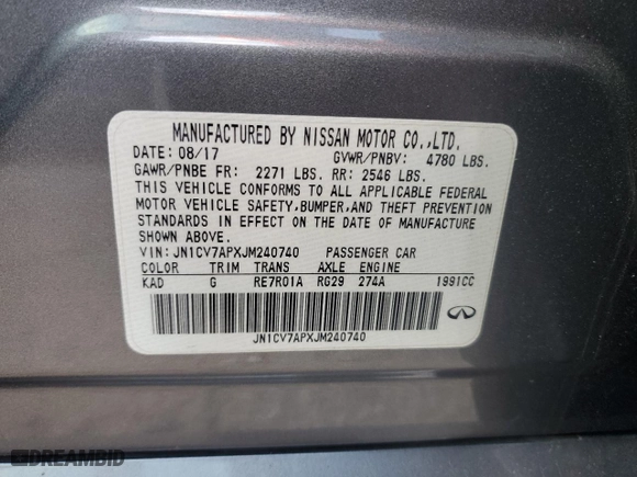 2018 Infiniti Q50 2.0t PURE with VIN JN1CV7APXJM240740, listed as a Copart auction lot 84815744 with 125,348 mi miles and Salvage Title. Bid and sale history available at carsss.com. Image 12.
