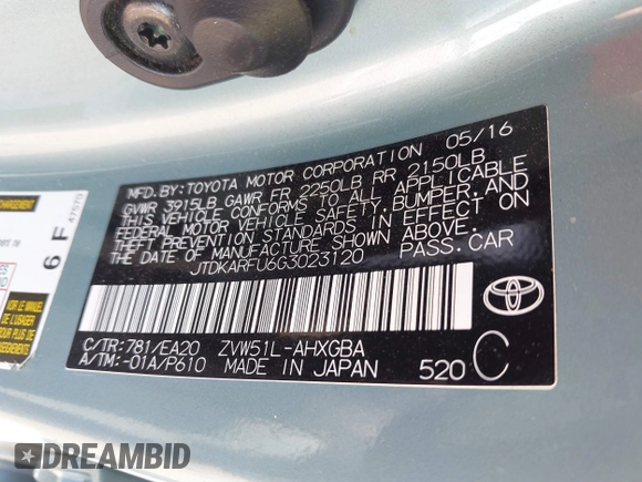 2016 Toyota Prius Four z VIN JTDKARFU6G3023120, wystawiony jako IAAI lot #41641228 z przebiegiem 117 334 mil mil oraz . Historia ofert i sprzedaży dostępna na DreamBid. Obrazek 9.