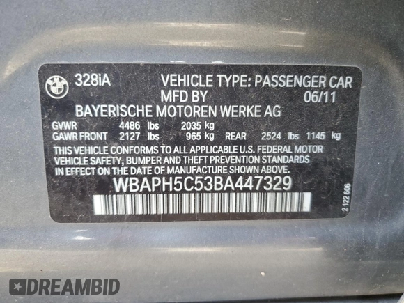2011 BMW 3 Series 328i with VIN WBAPH5C53BA447329, listed as a Copart auction lot 45743985 with 153,775 mi miles and Clean Title. Bid and sale history available at carsss.com. Image 12.