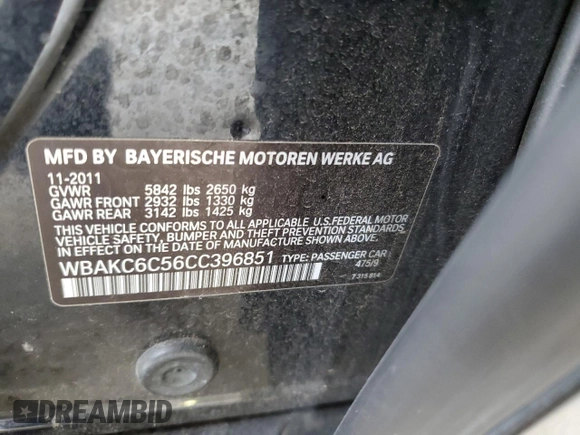 2012 BMW 7 Series 750i xDrive with VIN WBAKC6C56CC396851, listed as a Copart auction lot 64007085 with 149,218 mi miles and Clean title. Bid and sale history available at DreamBid. Image 12.