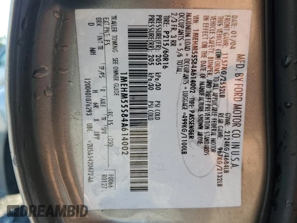 2004 Mercury Sable LS Premium with VIN 1MEHM55S84A614002, listed as a Copart auction lot 56582965 with 185,589 mi miles and Salvage title. Bid and sale history available at DreamBid. Image 12.