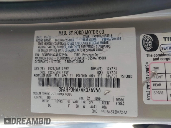 2010 Ford Fusion SE with VIN 3FAHP0HA7AR376956, listed as a IAAI auction lot 41162656 with 171,546 mi miles. Bid and sale history available at carsss.com. Image 9.