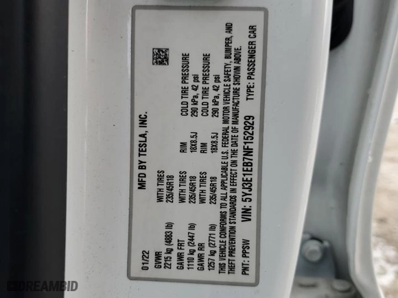 2022 Tesla Model 3 Long Range with VIN 5YJ3E1EB7NF152929, listed as a Copart auction lot 45495785 with 0 mi miles and Salvage Title. Bid and sale history available at carsss.com. Image 14.