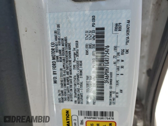 2016 Ford Fusion SE with VIN 3FA6P0H71GR175476, listed as a Copart auction lot 83349794 with 102,160 mi miles and Salvage title. Bid and sale history available at DreamBid. Image 12.