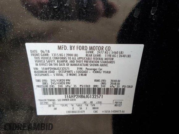 2018 Ford Taurus SEL with VIN 1FAHP2H86JG132571, listed as a Copart auction lot 62501225 with 58,872 mi miles and Salvage title. Bid and sale history available at DreamBid. Image 12.