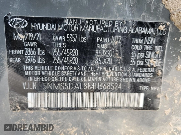 2021 Hyundai Santa Fe Calligraphy z VIN 5NMS5DAL8MH368524, wystawiony jako Copart lot #46865765 z przebiegiem 39 027 mil mil oraz Szkoda całkowita • Salvage title. Historia ofert i sprzedaży dostępna na DreamBid. Obrazek 14.