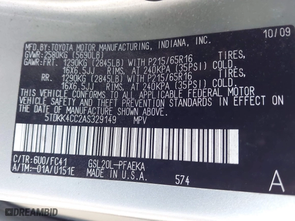 2010 Toyota Sienna CE with VIN 5TDKK4CC2AS329149, listed as a IAAI auction lot 41454554 with 202,599 mi miles. Bid and sale history available at carsss.com. Image 9.