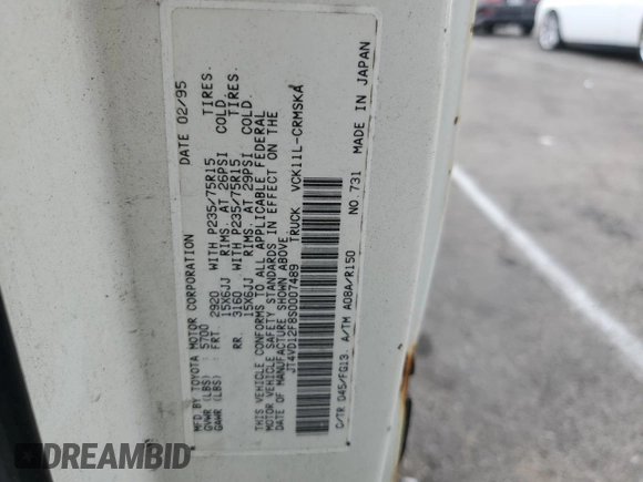 1995 Toyota T100 SR5 with VIN JT4VD12F8S0007489, listed as a Copart auction lot 82177794 with 290,145 mi miles and Clean Title. Bid and sale history available at DreamBid. Image 12.