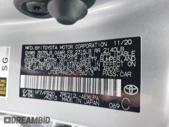 2021 Toyota Corolla LE with VIN JTDEPMAE0MJ158213, listed as a IAAI auction lot 41956994 with 92,331 mi miles and . Bid and sale history available at DreamBid. Image 9.