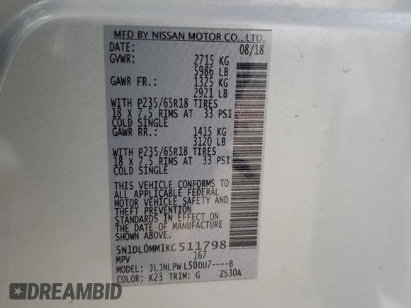 2019 Infiniti QX60 Luxe with VIN 5N1DL0MM1KC511798, listed as a Copart auction lot 57649915 with Not provided miles and Salvage title. Bid and sale history available at DreamBid. Image 13.