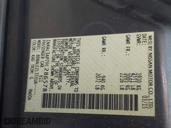 2015 Nissan Altima SV z VIN 1N4AL3AP7FC286578, wystawiony jako IAAI lot #41685407 z przebiegiem 218 606 mil mil oraz . Historia ofert i sprzedaży dostępna na DreamBid. Obrazek 9.