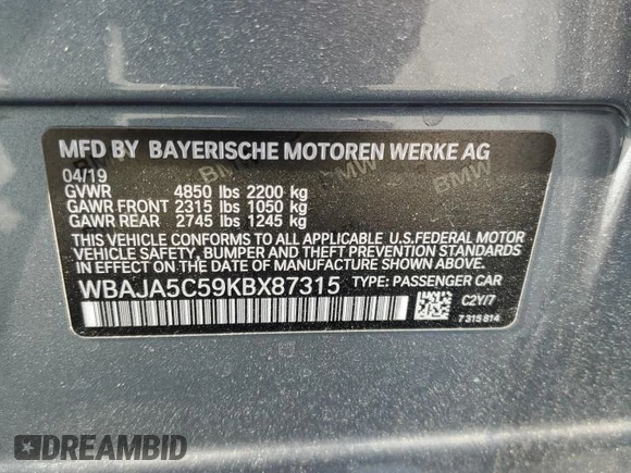 2019 BMW 5 Series 530i z VIN WBAJA5C59KBX87315, wystawiony jako Copart lot #58431155 z przebiegiem 21 667 mil mil oraz Szkoda całkowita • Salvage title. Historia ofert i sprzedaży dostępna na DreamBid. Obrazek 13.