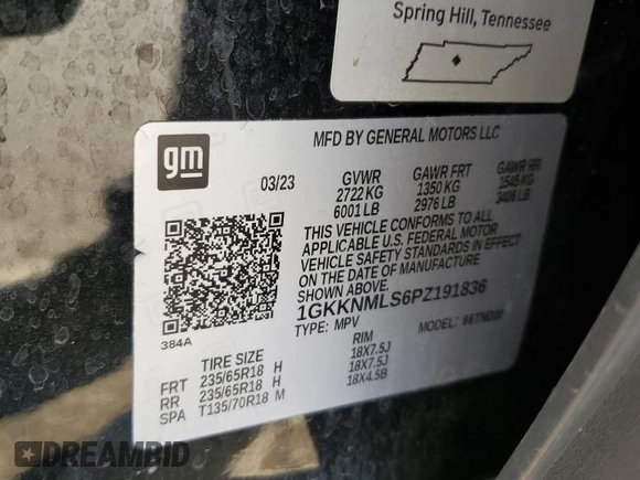 2023 GMC Acadia SLT with VIN 1GKKNMLS6PZ191836, listed as a Copart auction lot 80385554 with 23,940 mi miles and Salvage Title. Bid and sale history available at DreamBid. Image 14.