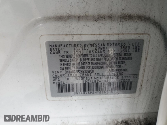 2017 Nissan Sentra SV with VIN 3N1AB7AP2HY238908, listed as a Copart auction lot 88949145 with 186,101 mi miles and Salvage title. Bid and sale history available at DreamBid. Image 12.