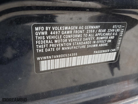 2013 Volkswagen CC Lux with VIN WVWRN7AN8DE524355, listed as a Copart auction lot 77420184 with 96,422 mi miles and Salvage Title. Bid and sale history available at carsss.com. Image 12.