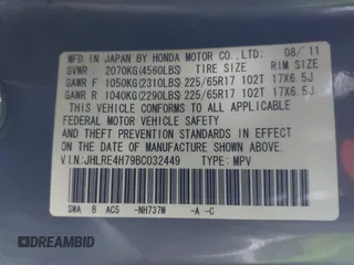 2011 Honda CR-V EX-L with VIN JHLRE4H79BC032449, listed as a IAAI auction lot 41916723 with 126,551 mi miles. Bid and sale history available at carsss.com. Image 9.