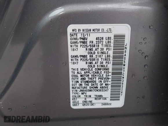 2012 Nissan Rogue S with VIN JN8AS5MV7CW383247, listed as a IAAI auction lot 41614496 with 173,074 mi miles and . Bid and sale history available at DreamBid. Image 9.