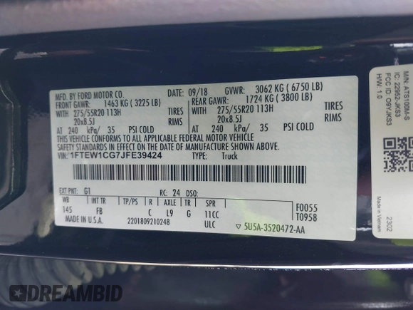 2018 Ford F-150 XL with VIN 1FTEW1CG7JFE39424, listed as a IAAI auction lot 41063898 with 112,166 mi miles. Bid and sale history available at carsss.com. Image 9.