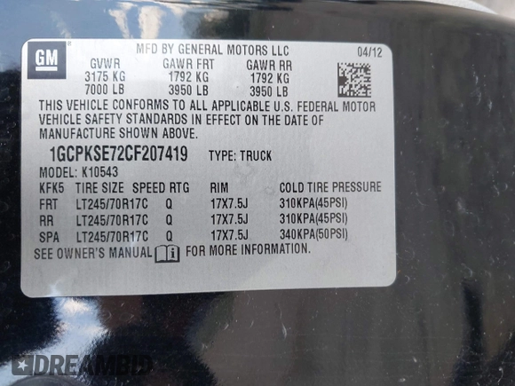 2012 Chevrolet Silverado 1500 LT with VIN 1GCPKSE72CF207419, listed as a IAAI auction lot 42051689 with 251,419 mi miles and . Bid and sale history available at DreamBid. Image 9.