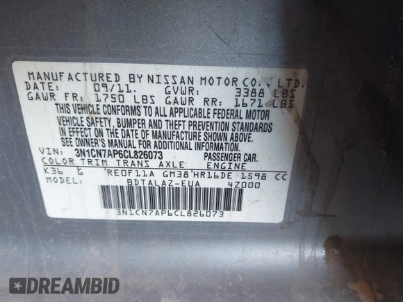 2012 Nissan Versa SV with VIN 3N1CN7AP6CL826073, listed as a IAAI auction lot 42686318 with 77,918 mi miles and . Bid and sale history available at DreamBid. Image 9.