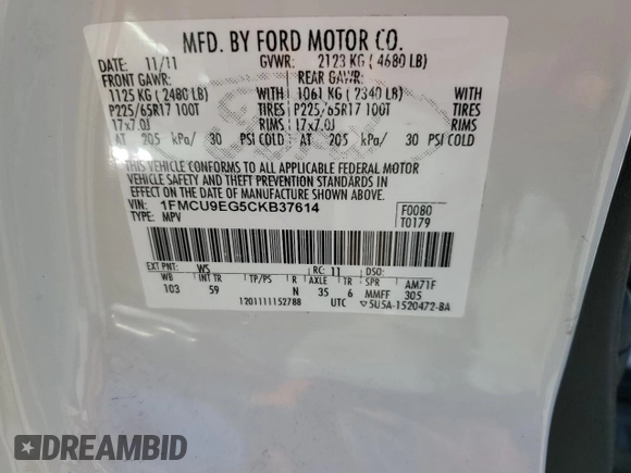 2012 Ford Escape Limited with VIN 1FMCU9EG5CKB37614, listed as a Copart auction lot 76755624 with 135,020 mi miles and Salvage Title. Bid and sale history available at carsss.com. Image 14.