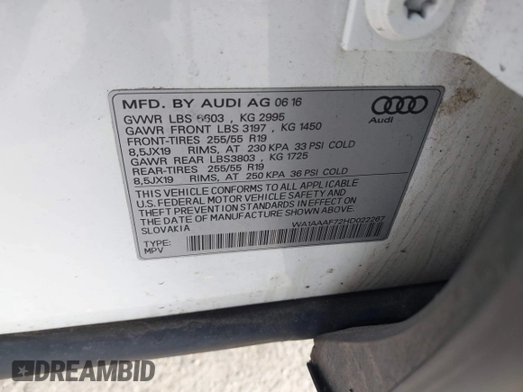 2017 Audi Q7 Premium with VIN WA1AAAF72HD022267, listed as a IAAI auction lot 41505690 with 90,475 mi miles and . Bid and sale history available at DreamBid. Image 9.