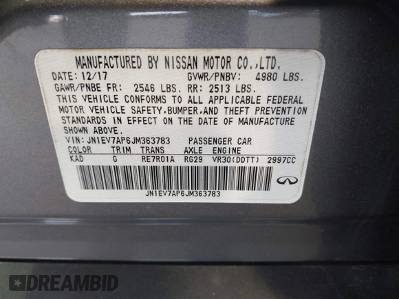 2018 Infiniti Q50 Luxe with VIN JN1EV7AP6JM363783, listed as a IAAI auction lot 42027040 with 41,020 mi miles and . Bid and sale history available at DreamBid. Image 9.