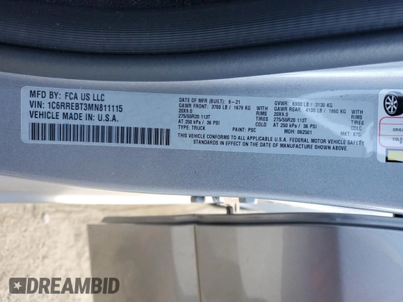2021 Ram 1500 Big Horn z VIN 1C6RREBT3MN811115, wystawiony jako Copart lot #85312554 z przebiegiem 70 823 mil mil oraz Szkoda całkowita • Salvage title. Historia ofert i sprzedaży dostępna na DreamBid. Obrazek 12.