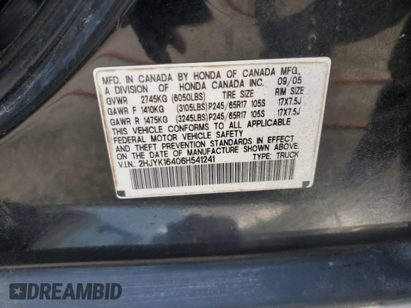 2006 Honda Ridgeline RTS z VIN 2HJYK16406H541241, wystawiony jako Copart lot #55735595 z przebiegiem 248 245 mil mil oraz Szkoda całkowita • Salvage title. Historia ofert i sprzedaży dostępna na DreamBid. Obrazek 12.