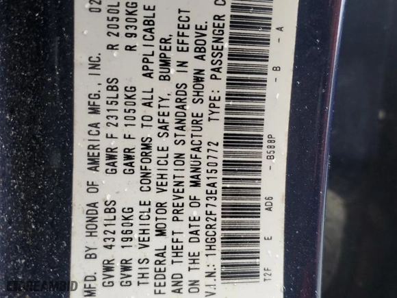 2014 Honda Accord Sedan EX with VIN 1HGCR2F73EA150772, listed as a Copart auction lot 50405695 with 0 mi miles and Salvage Title. Bid and sale history available at carsss.com. Image 12.