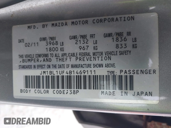 2011 Mazda 3 i Sport with VIN JM1BL1UF4B1469111, listed as a IAAI auction lot 41487054 with 183,965 mi miles and . Bid and sale history available at DreamBid. Image 9.