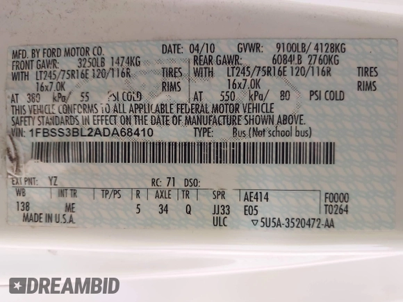 2010 Ford Econoline Passenger XL с VIN 1FBSS3BL2ADA68410, выставлен на аукционе IAAI как лот 42359755 с пробегом 233 955 миль миль и . История ставок и продаж доступна на DreamBid. Изображение 9.