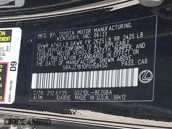 2023 Lexus ES with VIN 58AJZ1B10PU158450, listed as a IAAI auction lot 41345571 with 6,383 mi miles. Bid and sale history available at carsss.com. Image 9.