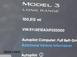 2018 Tesla Model 3 Long Range Battery with VIN 5YJ3E1EA3JF023300, listed as a IAAI auction lot 41925504 with 100,512 mi miles and . Bid and sale history available at DreamBid. Image 16.