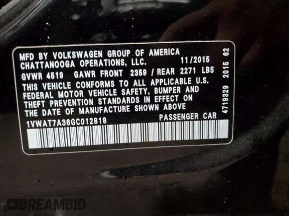 2016 Volkswagen Passat S with VIN 1VWAT7A36GC012818, listed as a Copart auction lot 51121635 with 142,933 mi miles and Salvage title. Bid and sale history available at DreamBid. Image 12.