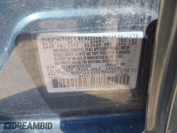 2014 Nissan Sentra S with VIN 3N1AB7AP7EY241010, listed as a IAAI auction lot 41666070 with 149,609 mi miles and . Bid and sale history available at DreamBid. Image 9.