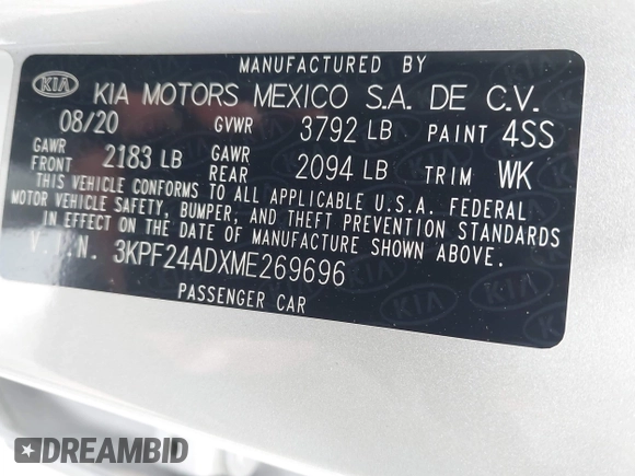 2021 Kia Forte LXS with VIN 3KPF24ADXME269696, listed as a IAAI auction lot 42498767 with 90,070 mi miles and . Bid and sale history available at DreamBid. Image 9.