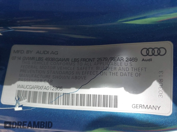 2015 Audi S5 Premium Plus with VIN WAUCGAFRXFA012905, listed as a IAAI auction lot 41408774 with 66,372 mi miles. Bid and sale history available at carsss.com. Image 9.