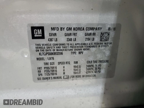2019 Chevrolet Trax LT with VIN KL7CJPSB8KB932596, listed as a Copart auction lot 54541155 with 67,752 mi miles and Salvage Title. Bid and sale history available at carsss.com. Image 12.