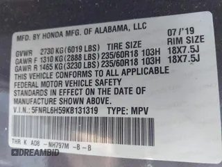 2019 Honda Odyssey EX with VIN 5FNRL6H59KB131319, listed as a IAAI auction lot 41794792 with 58,392 mi miles. Bid and sale history available at carsss.com. Image 9.