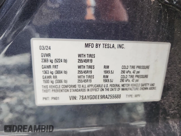 2024 Tesla Model Y Long Range with VIN 7SAYGDEE9RA255688, listed as a Copart auction lot 58918665 with 21,302 mi miles and Salvage title. Bid and sale history available at DreamBid. Image 13.