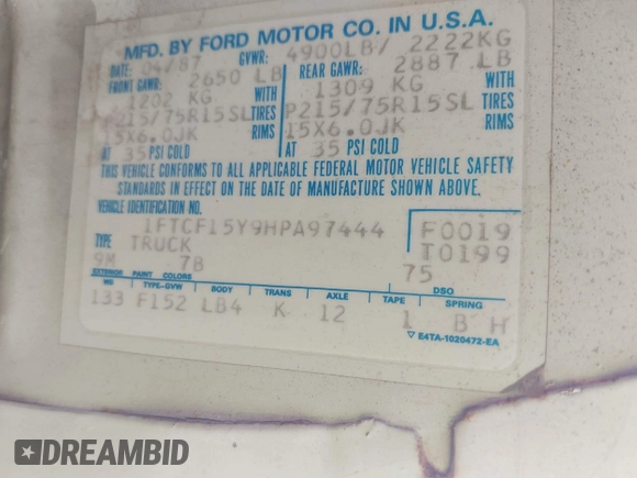 1987 Ford F-150 with VIN 1FTCF15Y9HPA97444, listed as a IAAI auction lot 42738386 with 99,743 mi miles and . Bid and sale history available at DreamBid. Image 9.