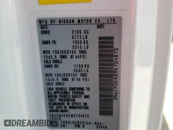 2021 Nissan NV200 SV с VIN 3N6CM0KN2MK704870, выставлен на аукционе Copart как лот 52800305 с пробегом 107 138 миль миль и Списание • Salvage title. История ставок и продаж доступна на DreamBid. Изображение 12.