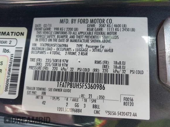 2015 Ford Mustang EcoBoost Premium with VIN 1FATP8UH5F5360986, listed as a IAAI auction lot 41608259 with 101,288 mi miles and . Bid and sale history available at DreamBid. Image 9.