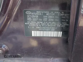 2009 Hyundai Elantra GLS with VIN KMHDU46D99U616403, listed as a IAAI auction lot 41692130 with 246,754 mi miles and . Bid and sale history available at DreamBid. Image 9.